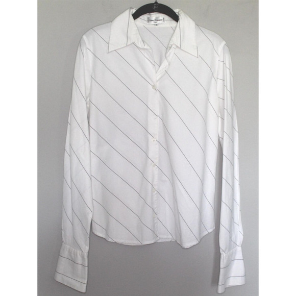 Anne Fontaine Paris Diagonal Pinstripe Button Blouse White Black Stripes Size 3 - Picture 3 of 11